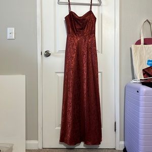 Cinnamon jacquard cowl neck bridesmaid dress from David’s Bridal—with pockets!